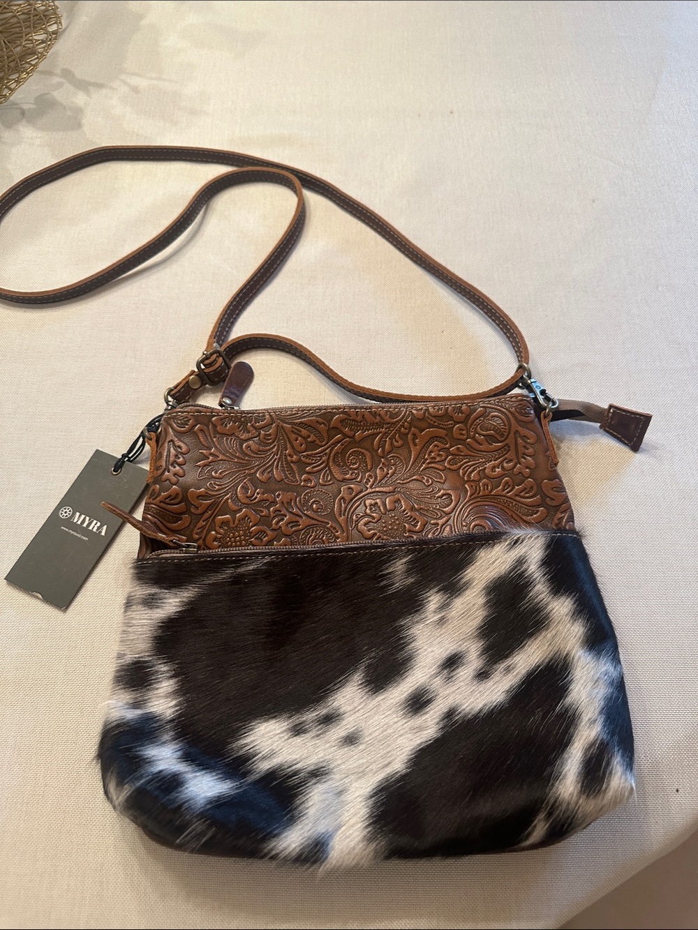 Myra Bag Brown Tooled Leather & Black-White Hair-On Cowhide Crossbody
